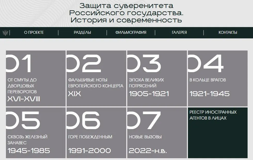 Министерство юстиции запустило сайт с онлайн-версией выставки «Защита суверенитета Российского государства. История и современность». Последний раздел посвящён людям и организациям, признанным «иностранными агентами», им посвящены отдельные карточки с фотографиями и описанием их якобы «вредной» деятельности.